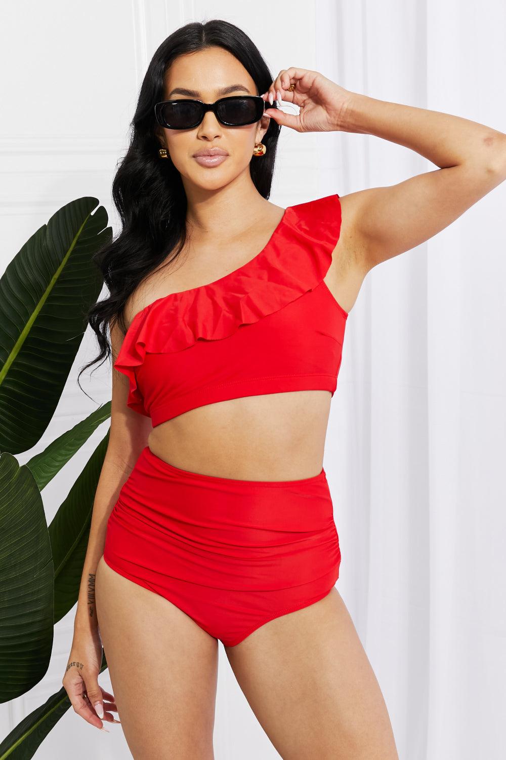 Marina West Swim Seaside Romance Ruffle One-Shoulder Bikini in Red - Glamorous Boutique USA L.L.C.