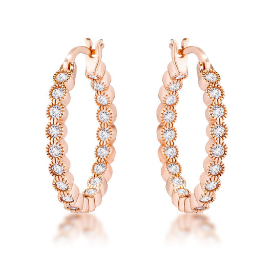 Rose Gold Plated Dotted Clear CZ Round Bezel Hoop Earrings