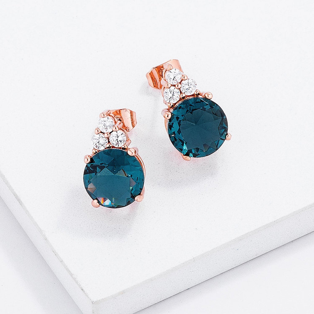 Simple Rose Gold Plated 9mm Blue Green CZ Stud Earring