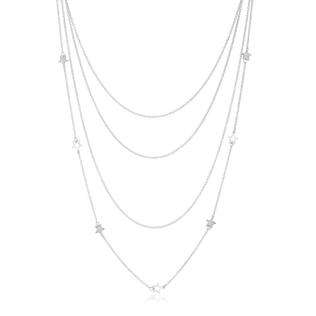 Multi-Chain Rhodium Star Necklace with CZ