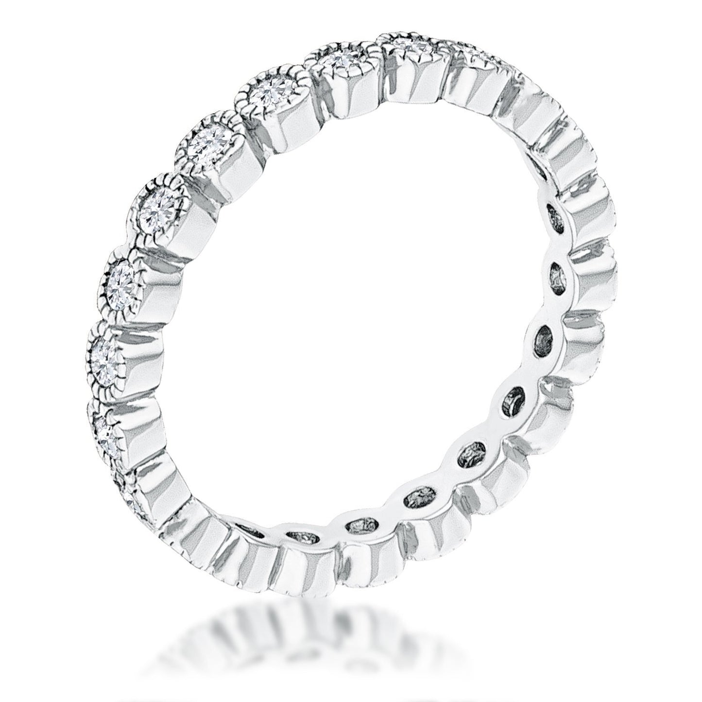 Rhodium Plated Dotted Clear CZ Round Bezel Eternity Ring