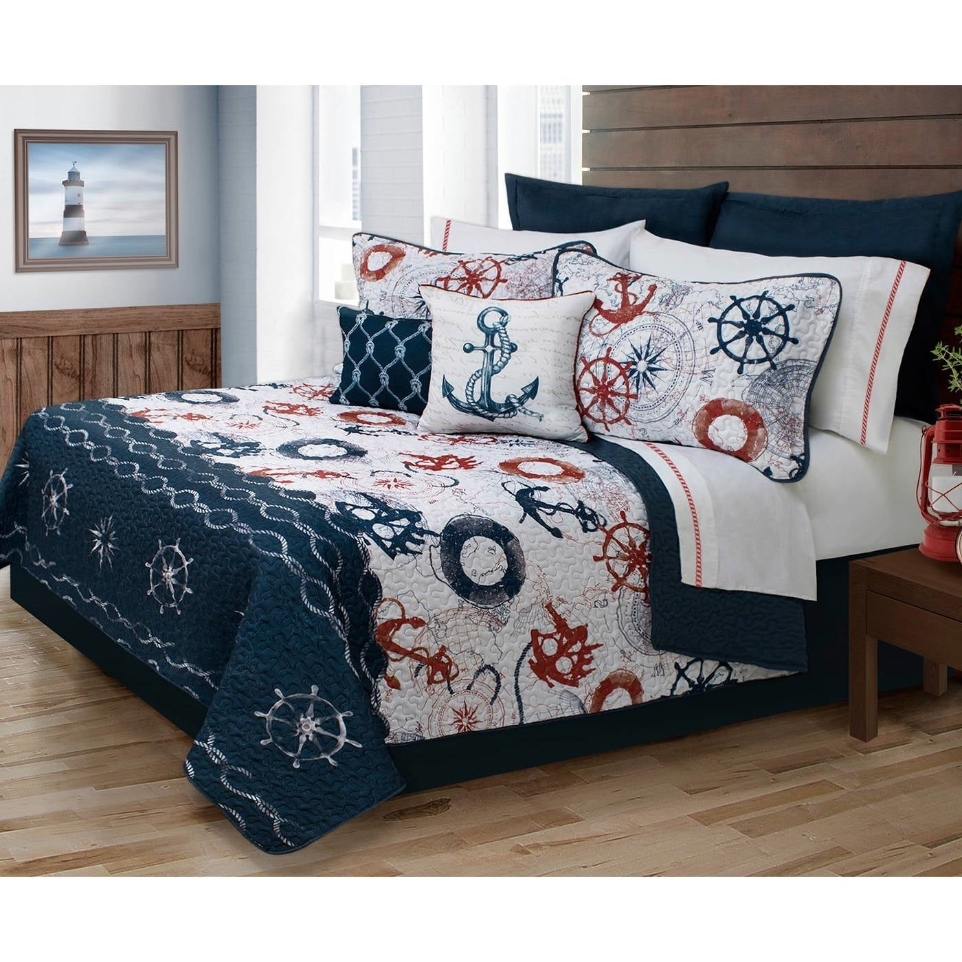 Twin Size Modern Coastal Anchor Polyester Reversible Quilt Set