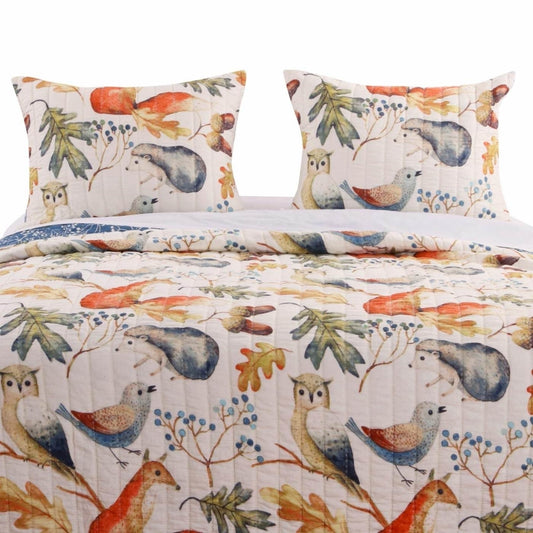 Twin 2-Piece Blue Beige Birds Animals Floral Reversible Quilt Set