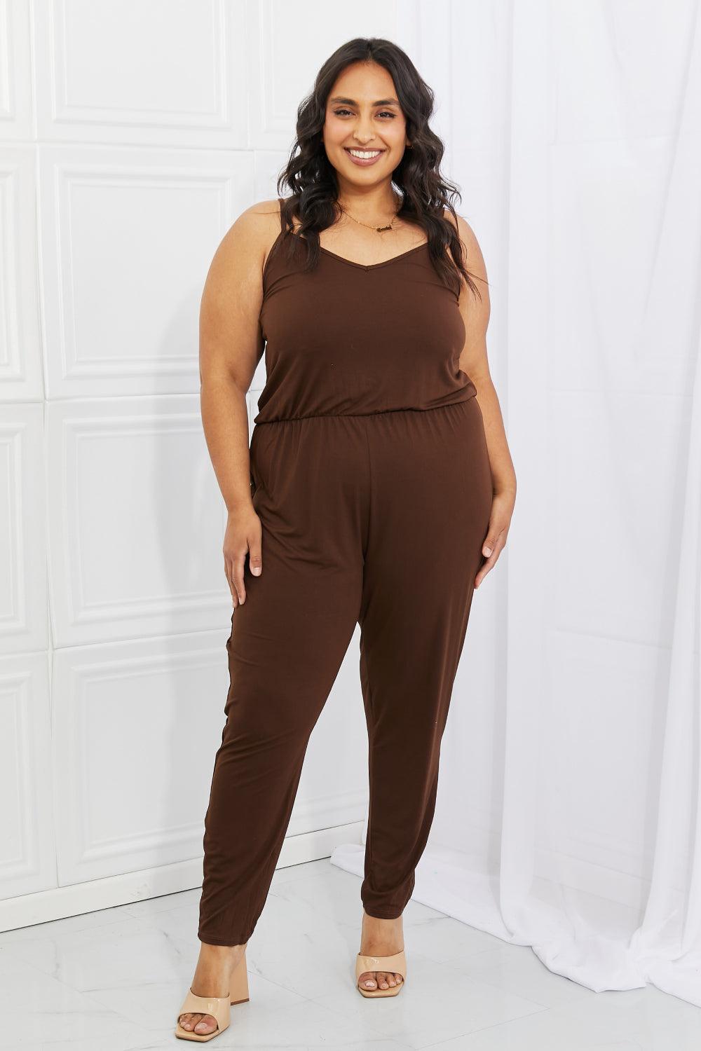 Capella Comfy Casual Full Size Solid Elastic Waistband Jumpsuit in Chocolate - Glamorous Boutique USA L.L.C.