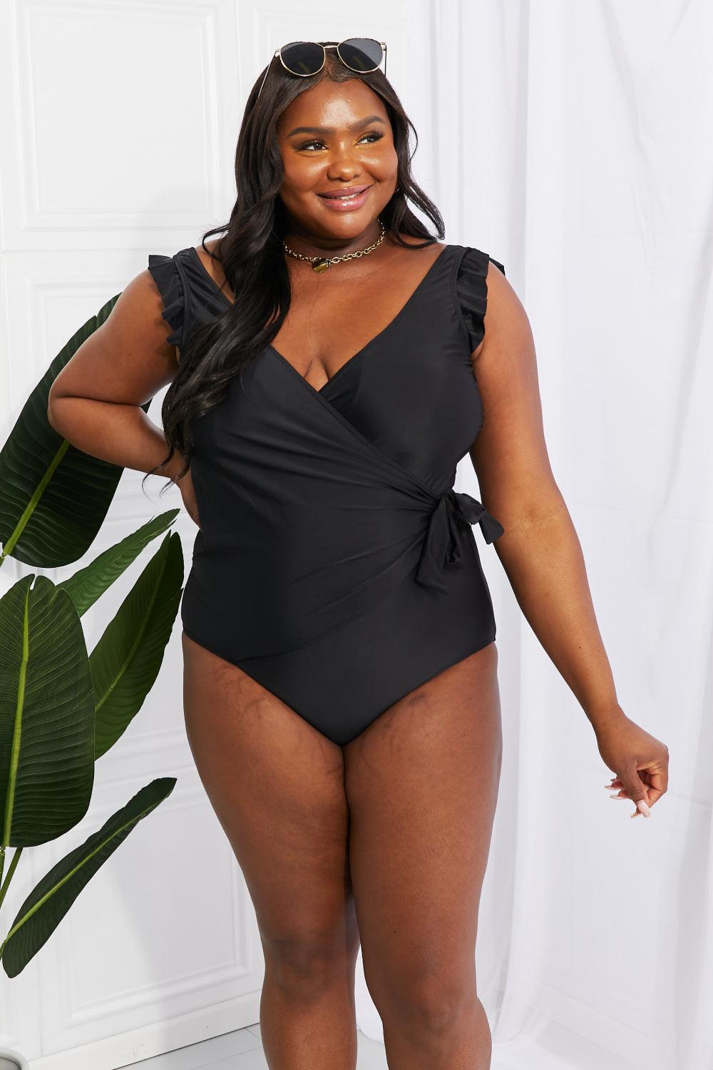 Marina West Swim Full Size Float On Ruffle Faux Wrap One-Piece in Black - Glamorous Boutique USA L.L.C.