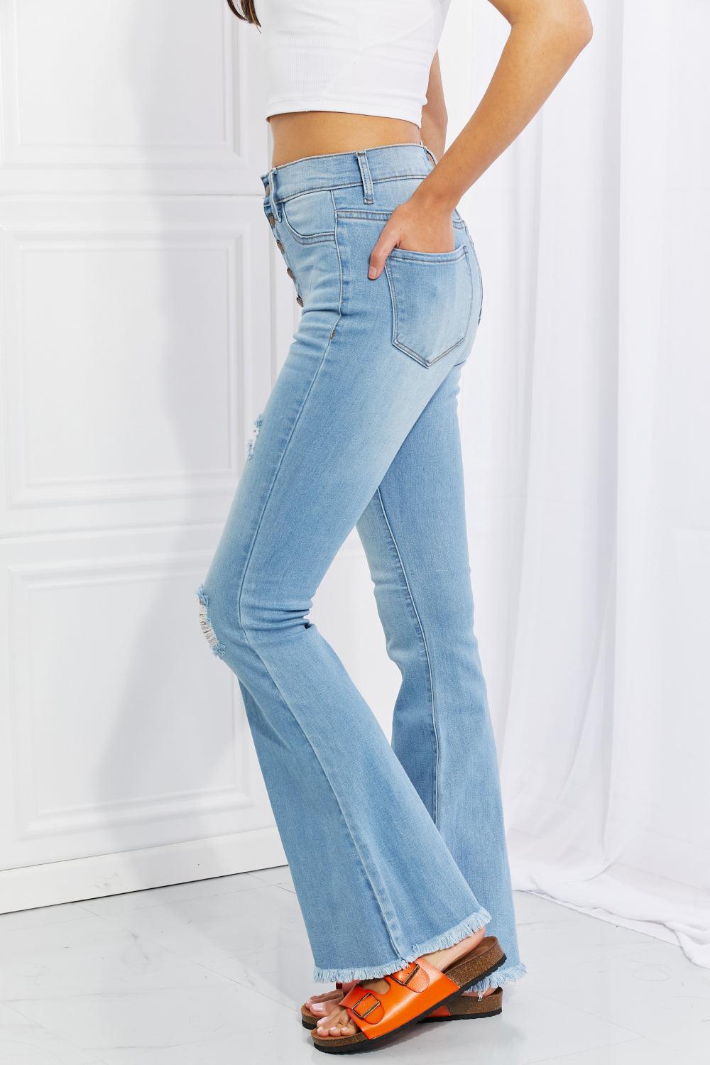 Vibrant MIU Full Size Jess Button Flare Jeans - Glamorous Boutique USA L.L.C.