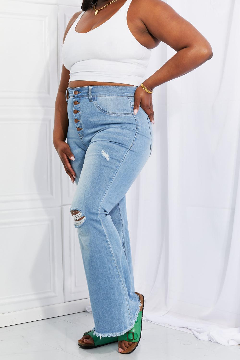 Vibrant MIU Full Size Jess Button Flare Jeans - Glamorous Boutique USA L.L.C.