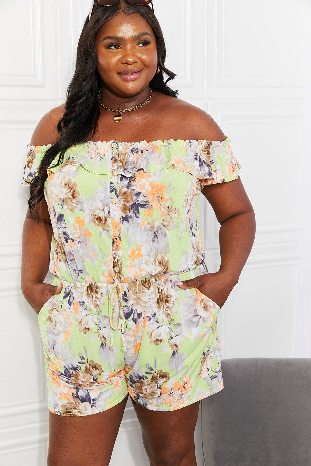 Sew In Love Full Size Pure Delight Floral Off-Shoulder Romper - Glamorous Boutique USA L.L.C.