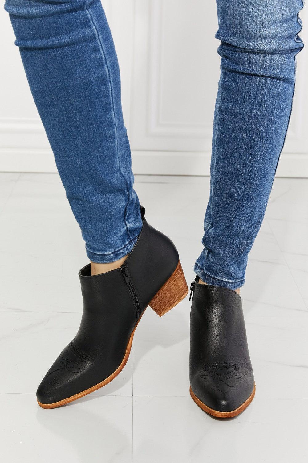 MMShoes Trust Yourself Embroidered Crossover Cowboy Bootie in Black - Glamorous Boutique USA L.L.C.
