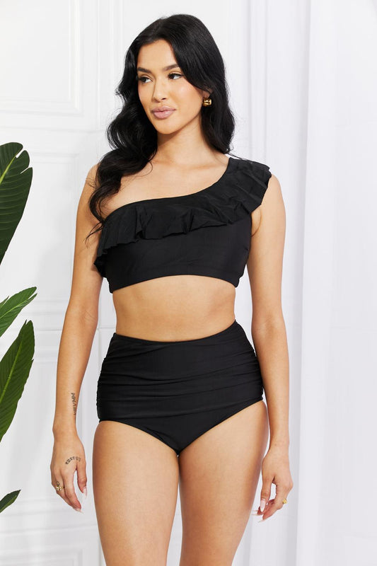 Marina West Swim Seaside Romance Ruffle One-Shoulder Bikini in Black - Glamorous Boutique USA L.L.C.