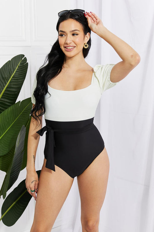 Marina West Swim Salty Air Puff Sleeve One-Piece in Cream/Black - Glamorous Boutique USA L.L.C.