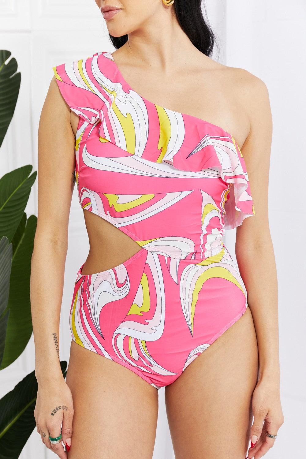 Marina West Swim Vitamin C Asymmetric Cutout Ruffle Swimsuit in Pink - Glamorous Boutique USA L.L.C.