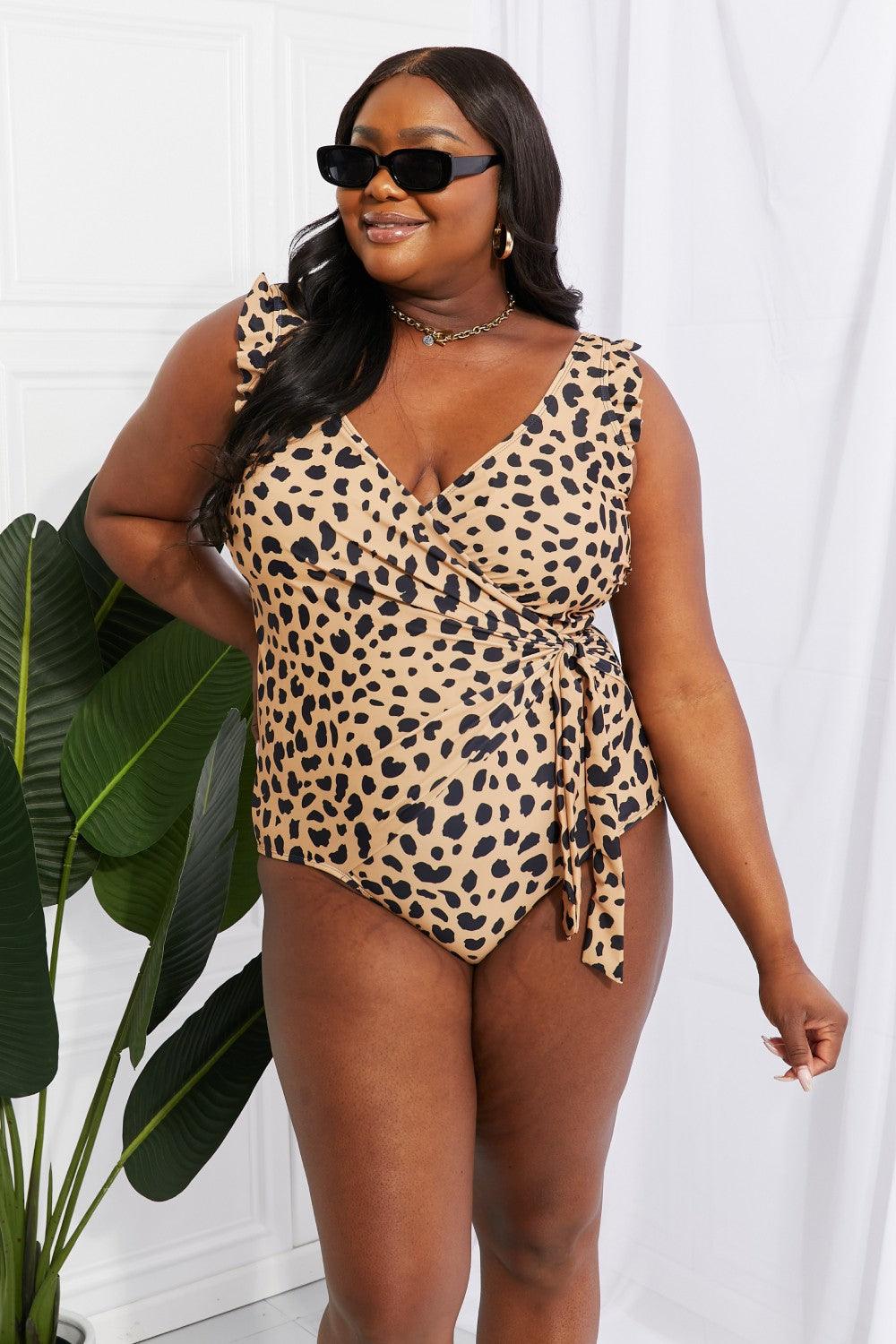 Marina West Swim Full Size Float On Ruffle Faux Wrap One-Piece in Leopard - Glamorous Boutique USA L.L.C.