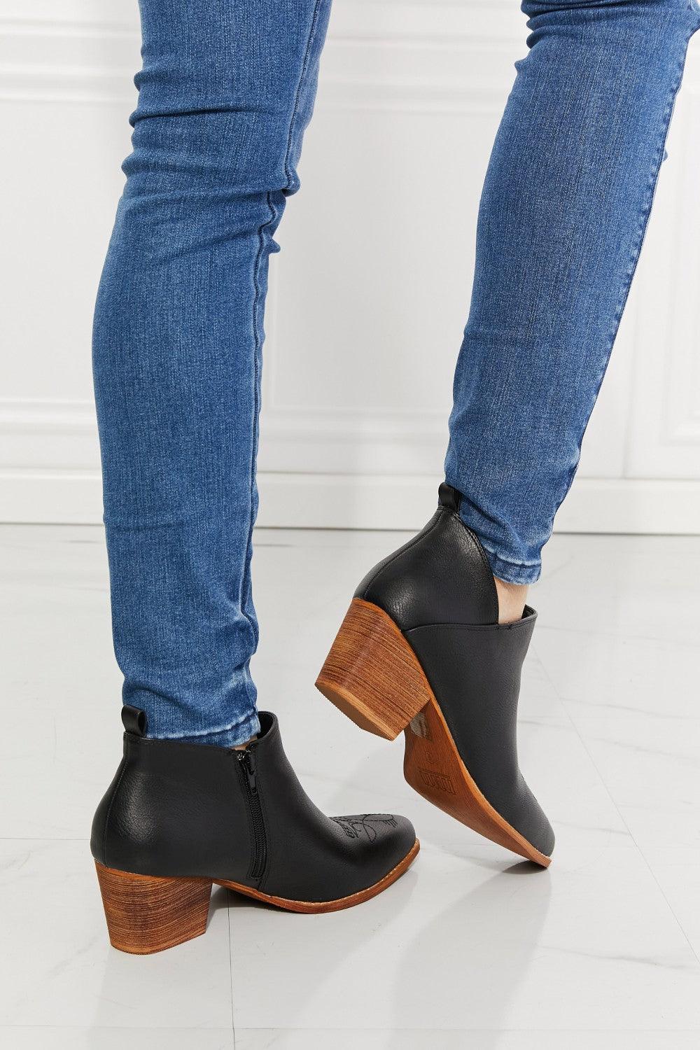 MMShoes Trust Yourself Embroidered Crossover Cowboy Bootie in Black - Glamorous Boutique USA L.L.C.