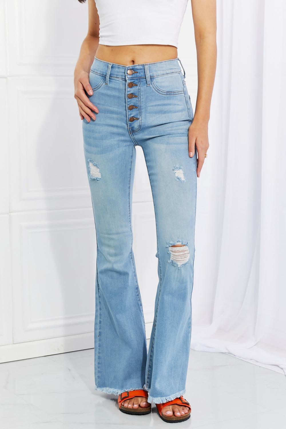 Vibrant MIU Full Size Jess Button Flare Jeans - Glamorous Boutique USA L.L.C.