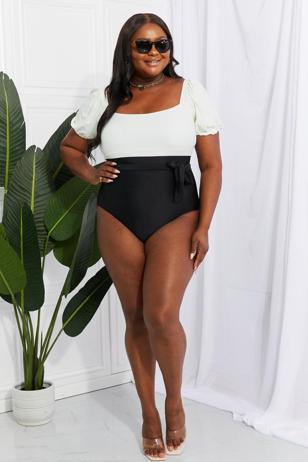 Marina West Swim Salty Air Puff Sleeve One-Piece in Cream/Black - Glamorous Boutique USA L.L.C.