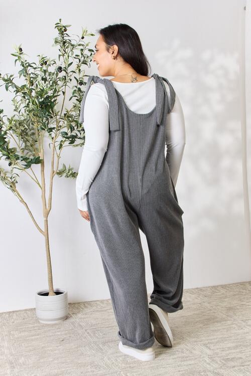 Celeste Full Size Ribbed Tie Shoulder Sleeveless Ankle Overalls